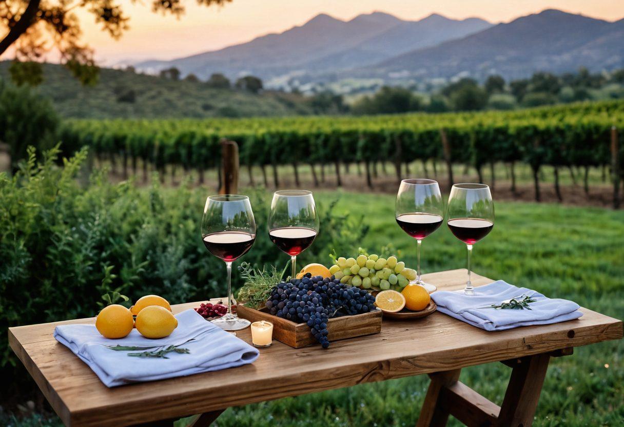 A serene and elegant wine tasting setup, featuring a variety of wine glasses filled with rich, colorful wines, surrounded by aromatic herbs and fruits like lavender, citrus, and berries. Soft candlelight creates a warm ambiance, while a backdrop of a vineyard blends with a tranquil spa-like environment. Visual elements of relaxation, such as a peaceful water feature and plush cushions, enhance the overall experience. super-realistic. vibrant colors. warm lighting.