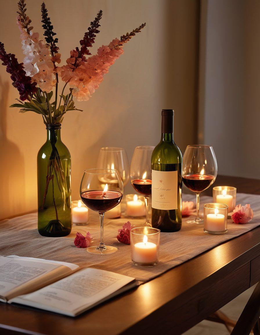 A serene setting with a beautifully arranged table featuring a selection of wine bottles and elegant glasses, surrounded by candles and blooming flowers. Soft, warm lighting creates an inviting atmosphere while aromatic wisps of wine scents swirl through the air, symbolizing tranquility and wellness. A person meditating nearby, embodying relaxation and mindfulness, enhances the soothing vibe. super-realistic. vibrant colors. warm lighting.