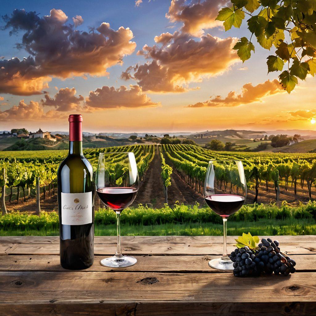 A serene vineyard landscape at sunset, with lush grapevines stretching towards the horizon. A bottle of wine, elegantly placed on a rustic wooden table, with delicate wine glasses catching the warm light. Surrounding the scene, aromatic herbs and fruits, subtly hinting at the invigorating aromas that elevate the wine experience. Gentle breezes creating ripples in the wine and soft clouds in the sky. vibrant colors. super-realistic.